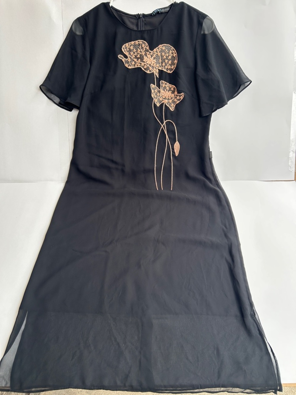 Black Midi Dress with Rose Gold Floral Appliqué